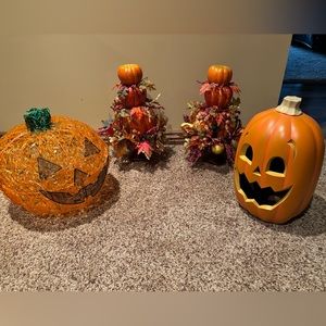 Fall decor. 2 Fall topiary trees and 2 electric light up pumpkins
